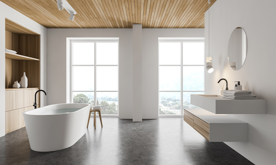 Two large bathroom windows idea with wooden frame in the white bathroom