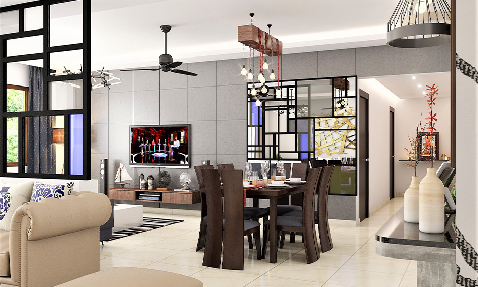 Rustic and minimal look wooden block starry ceiling dining table light blubs in the dining area.