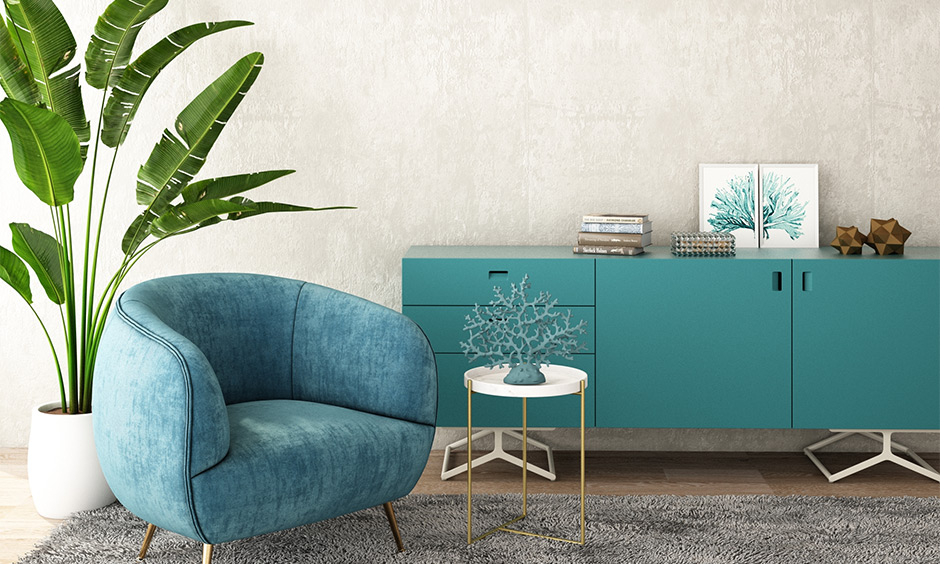 Waiting room with aqua blue coloured chair and cabinet look beautiful, best aqua paint colors.