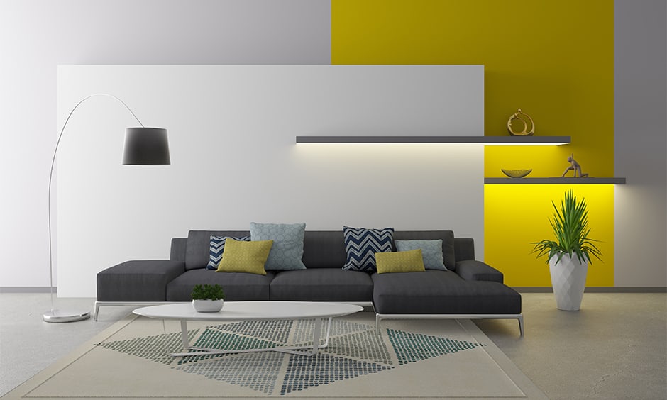 Wall paint design ideas for living room with yellow