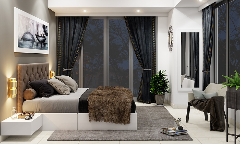 White and grey minimalist bedroom with green plants and french windows