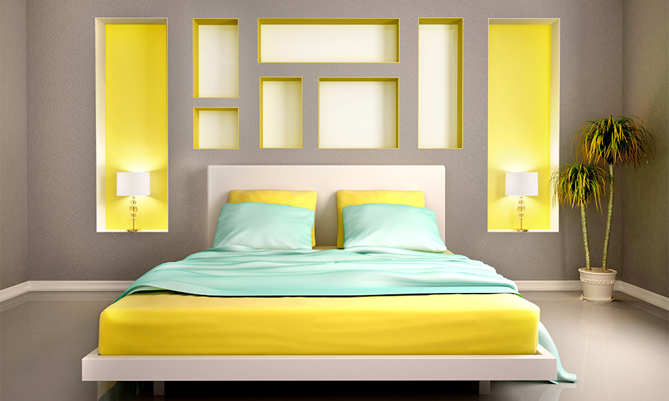 Grey and yellow combination wall painting brightens the area, Wall painting idea for bedroom.