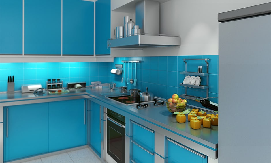 Aqua blue kitchen cabinets combined with light grey elements