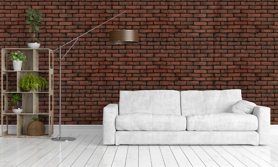 White marble floor design in a parallel pattern in the living room with a brick wall is classic.