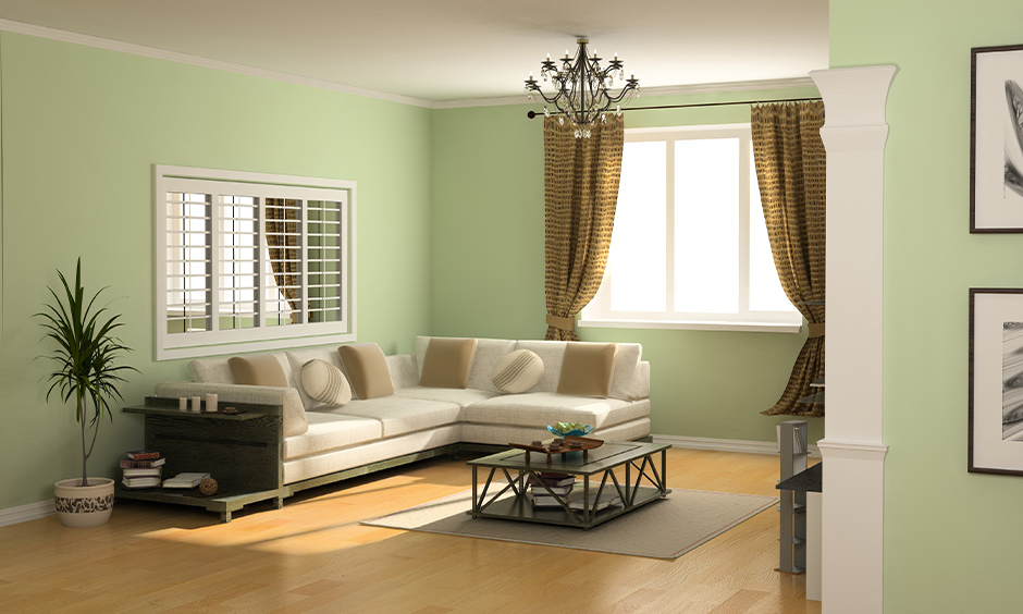 Living room with brown curtain against pistachio coloured walls look good; that is colour curtains go with green walls