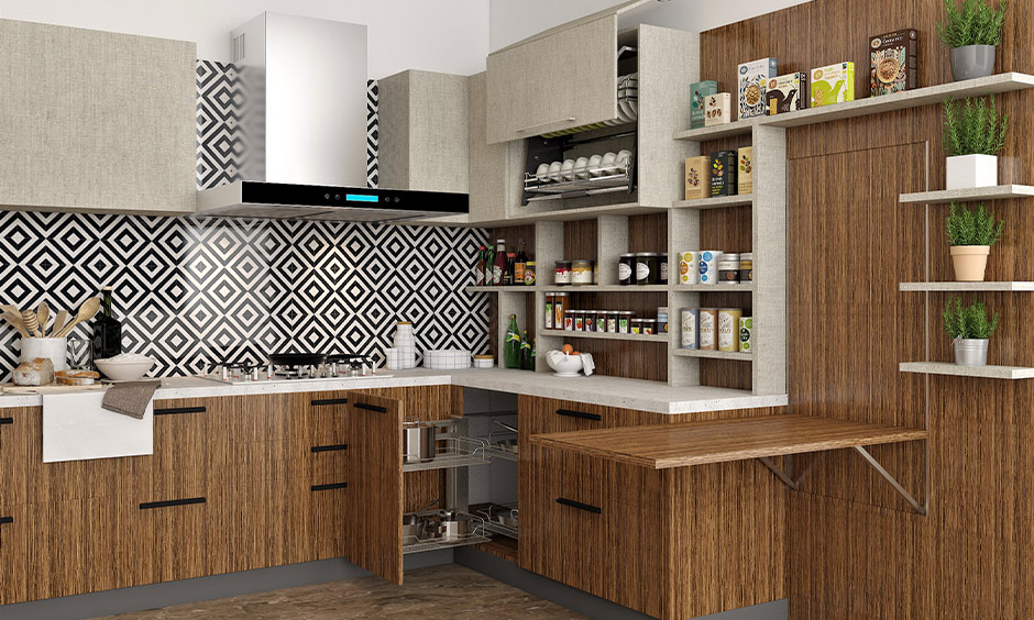 Custom kitchen pantry cabinet with pull-out shelves in brown lamination look classy.