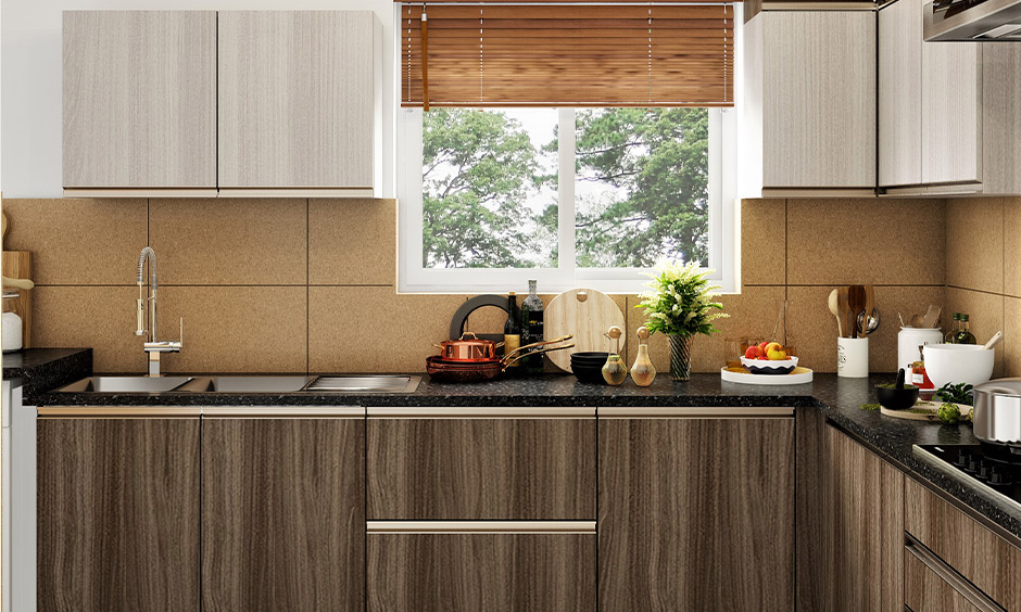 Double bowl kitchen sink with drainboard design in the brown-themed kitchen