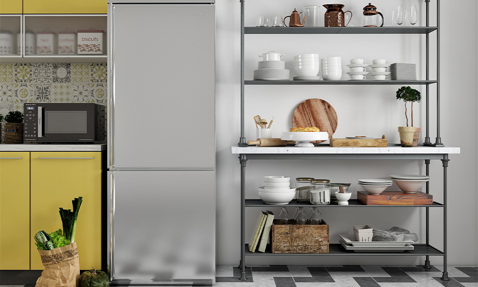 Minimalist designed freestanding kitchen pantry cabinet with open shelves.