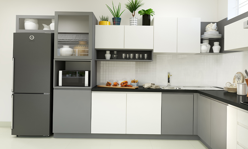 Grey and white kitchen cabinets colour in l-shaped kitchen design