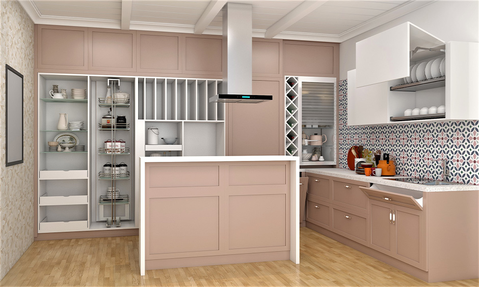 Island kitchen pantry cabinet with a combination of open shelves, slide-out drawers and pull-up cabinets.