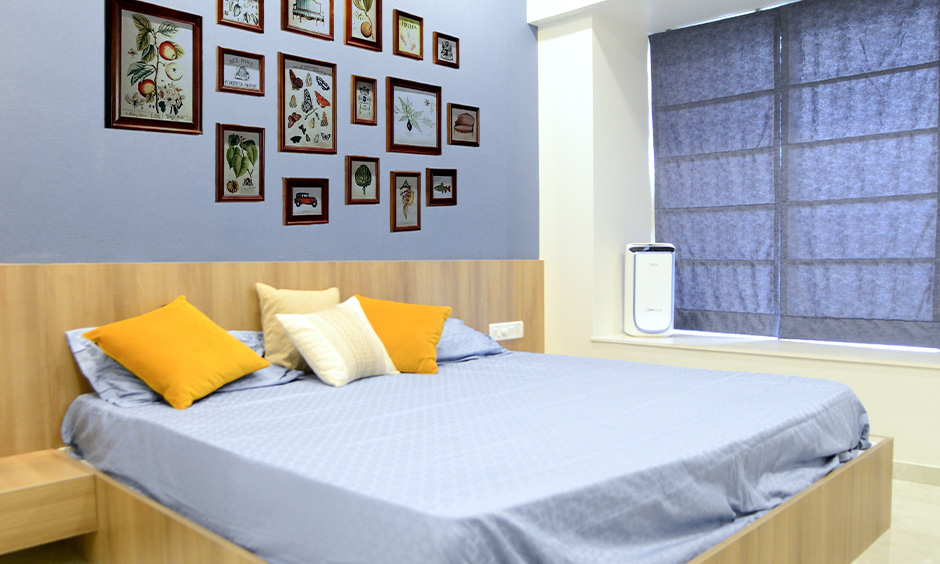 Blue kids cum guest bedroom designed by an interior designer in Goregaon with simplicity and minimal furniture