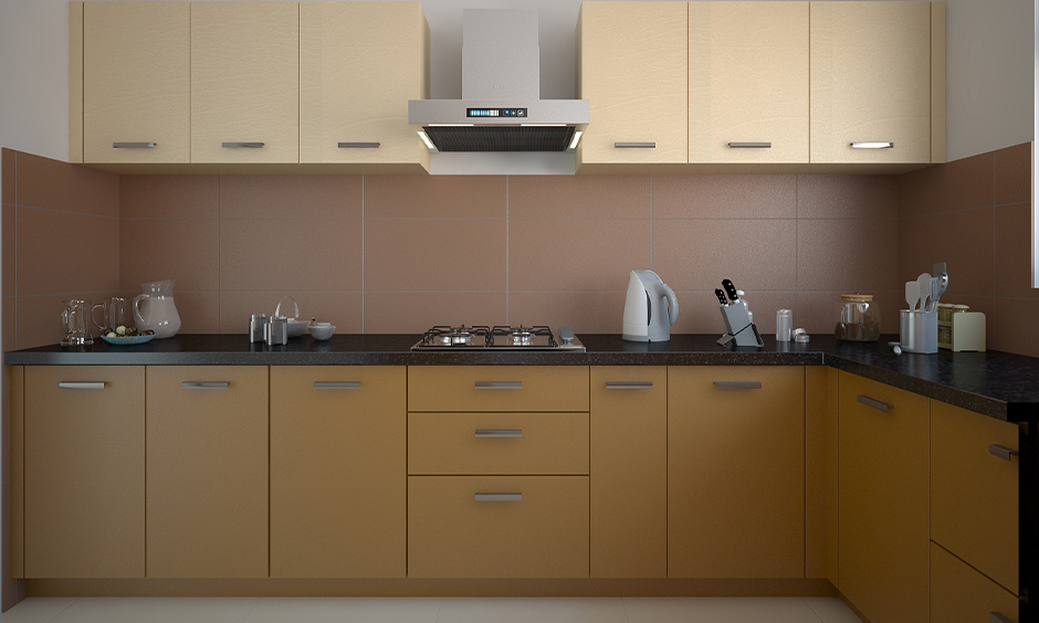 kitchen features modern brown wall tiles