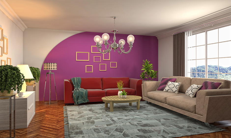 Living room walls in white and lilac analogous colour scheme combination gives a more gratifying vibe.