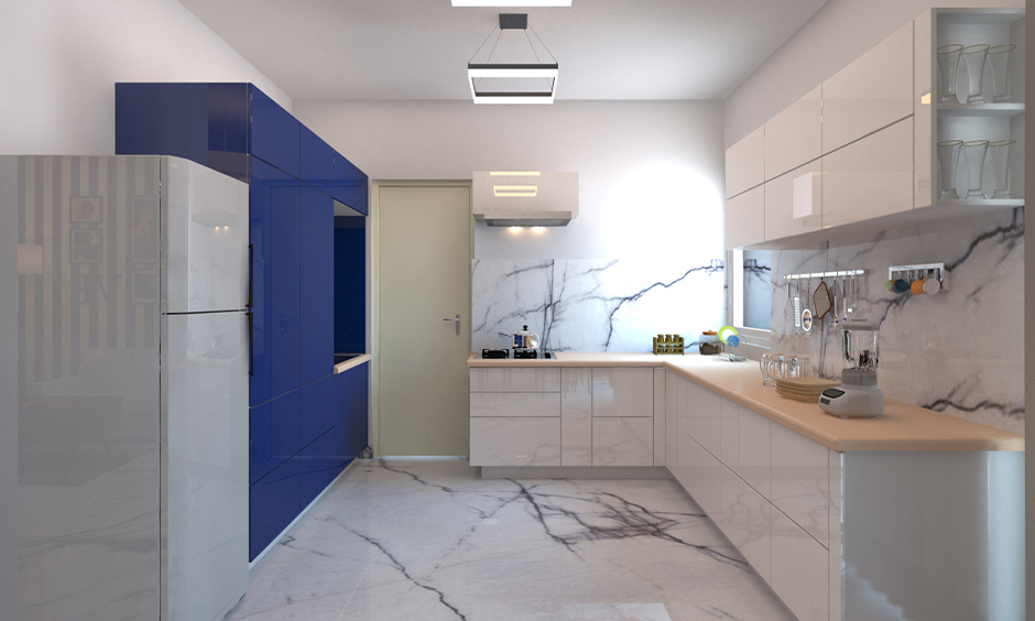 A modern kitchen with marble wall tiles installed on flooring and backsplash