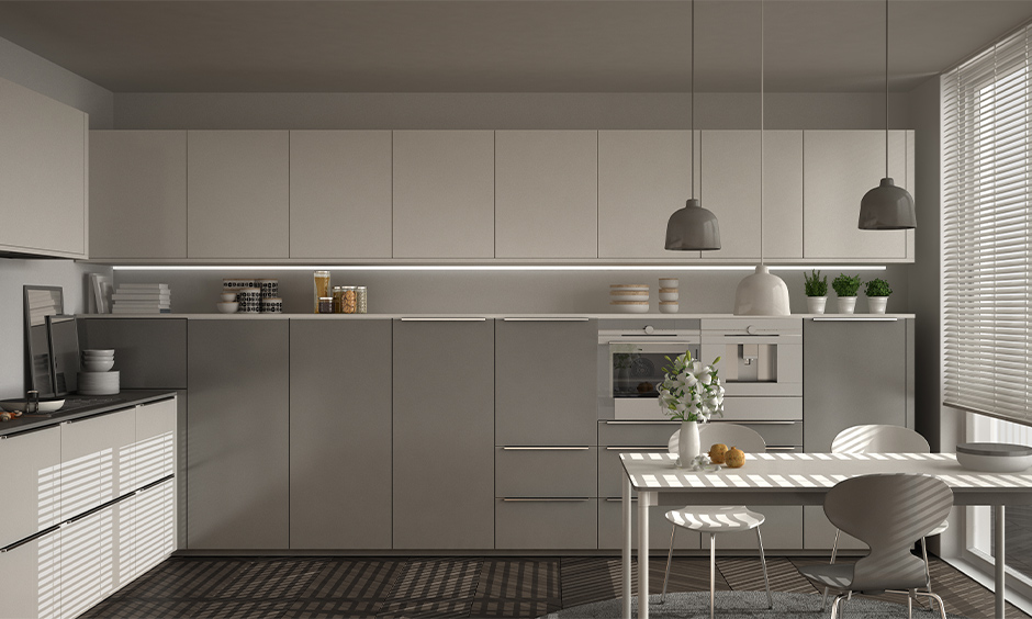 Kitchen cum dining area design with minimalist grey kitchen cabinet colours