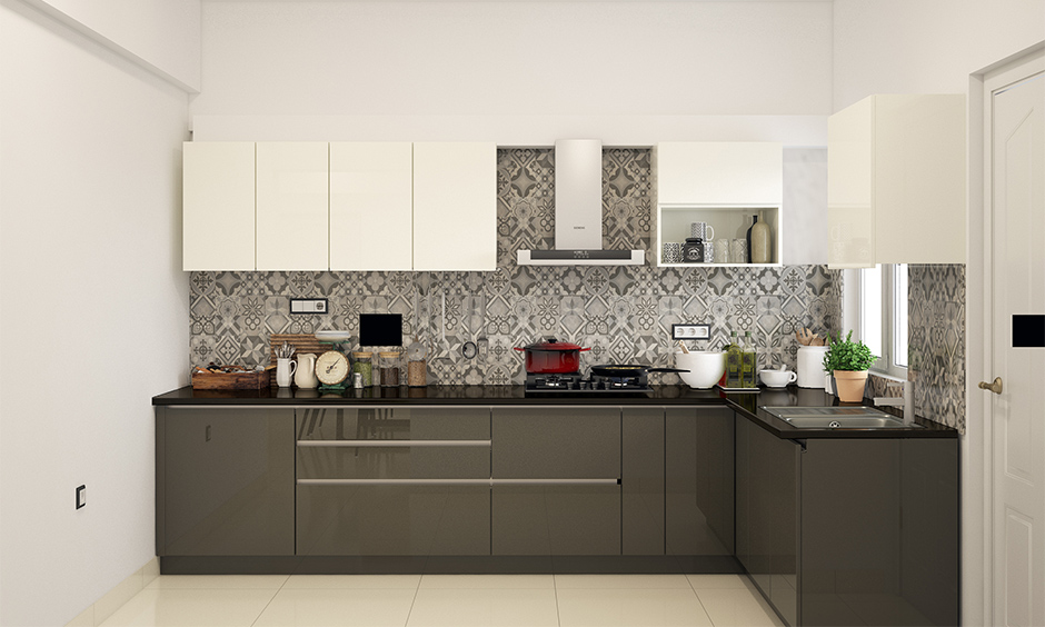 Modern grey kitchen wall tiles in a flowery pattern