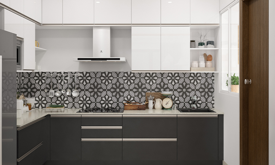 Backsplash modern kitchen tiles with printed patterns in black and white tones lends vibrant to the area