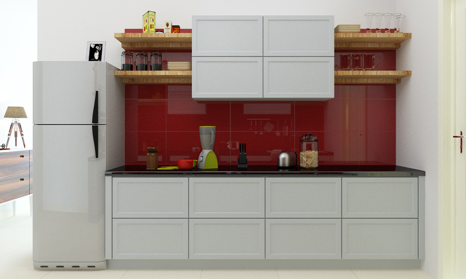 Modern kitchen wall tiles design in India for backsplash in red colour