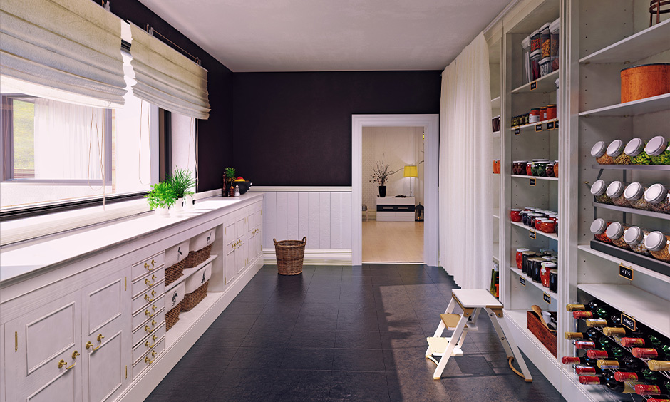 Kitchen pantry cabinet India, parallel kitchen pantry with multiple open shelves made from wood brings a classic look.