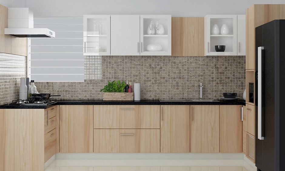 U-shaped modern kitchen wall with mosaic texture backsplash tiles in multi-shades of brown