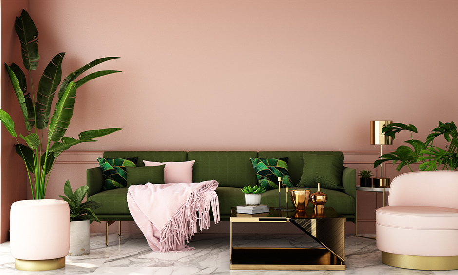 Pink colour combination for living room goes well with green and golden