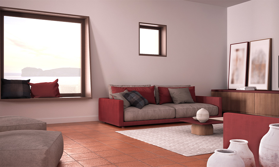 Brownish-red furniture in living room adds soothing and natural.