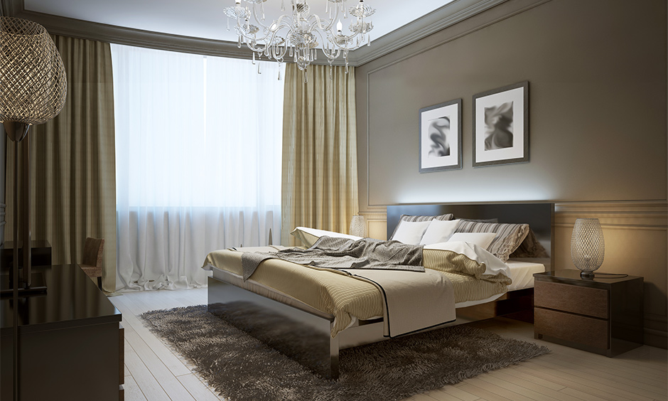 Off white curtain in the bedroom with brown and shade of beige colour combination gives charm to space.