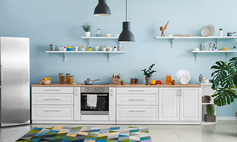 Modern kitchen paint colours ideas, one wall kitchen in sky blue and white combination brings refreshing.