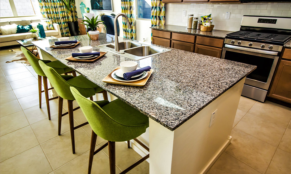 Double bowl stainless steel kitchen sink on the kitchen island