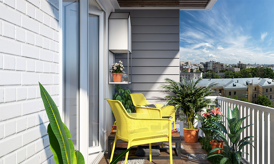 The lively radiant pantone color of the year in yellow chairs and grey on the walls