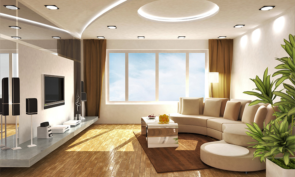 Pop false ceiling design for drawing room with recessed lights evenly spread across the space