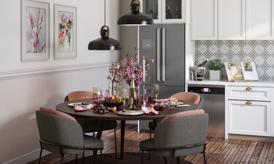 Valentines day dining room decor with cherry blossoms on the table