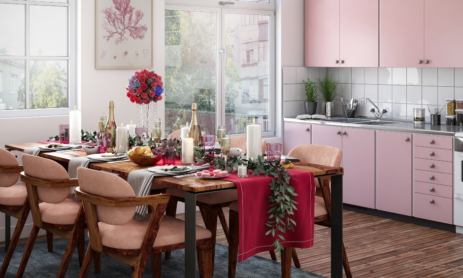 Kitchen cum dining table with stunning red-coloured runner