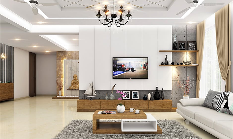 Ceiling wallpaper decorative with  traditional chandelier in the white living room