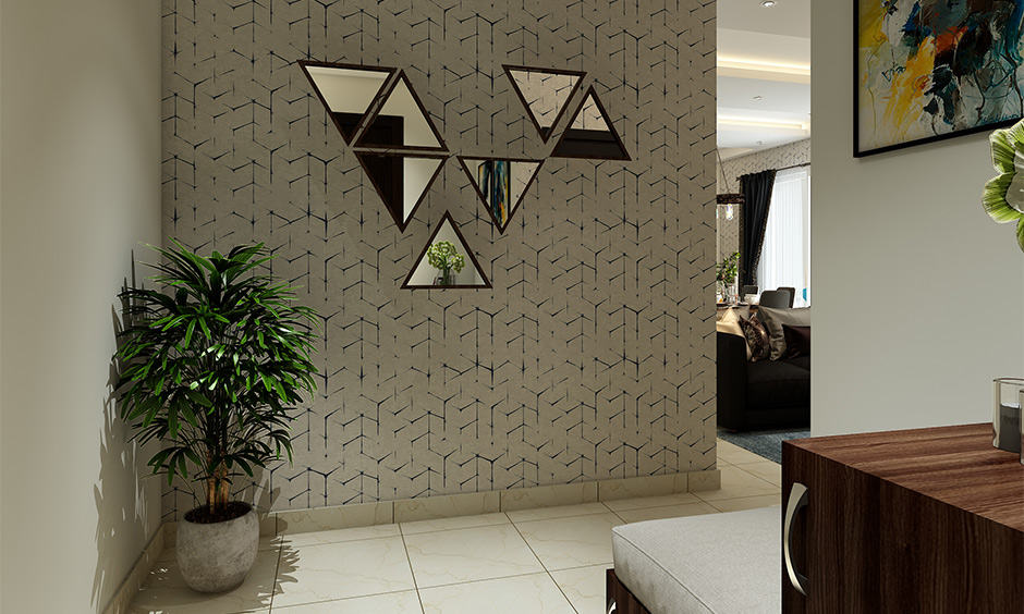 Wallpaper design for entryway with randomly placed abstract mirrors