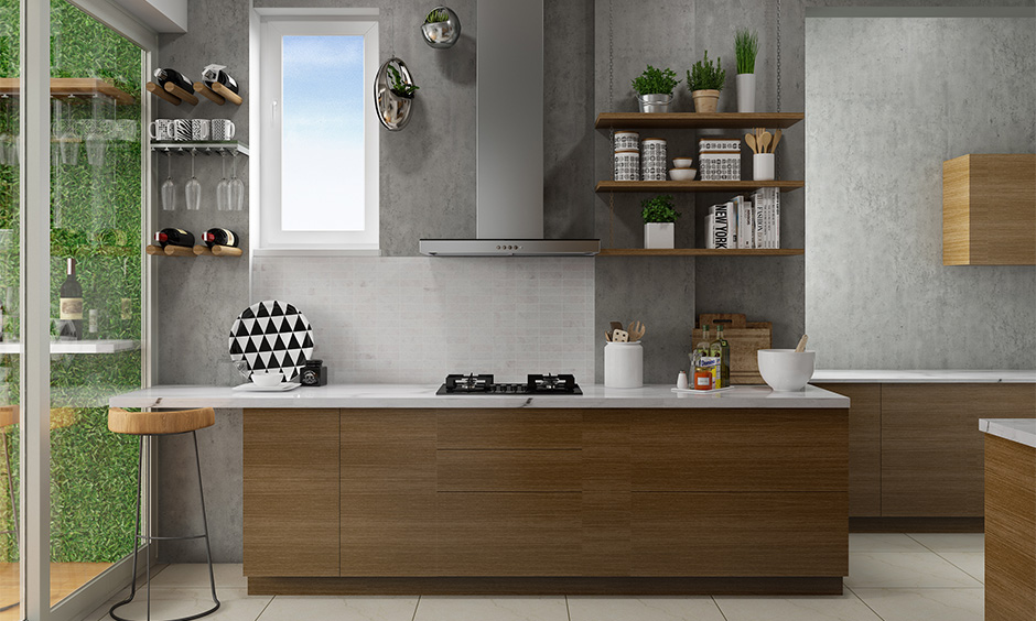 Modern kitchen wall colors in white and grey with wooden cabinets look sleek.