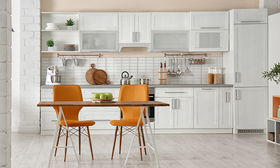 Modern kitchen color ideas, white and pink kitchen colours combination brings elegance to the area.