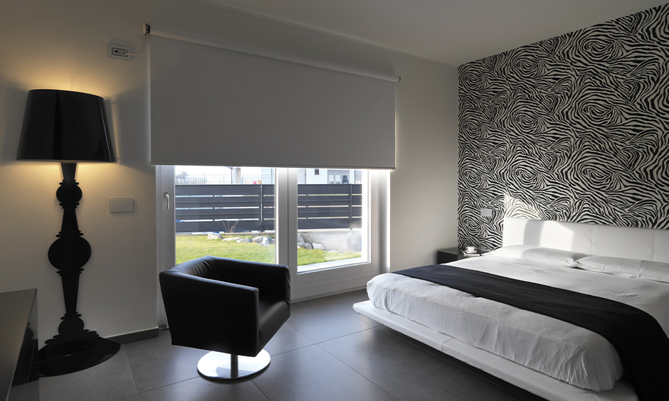 Master white bedroom curtain designed like a projector screen for big windows looks modern.