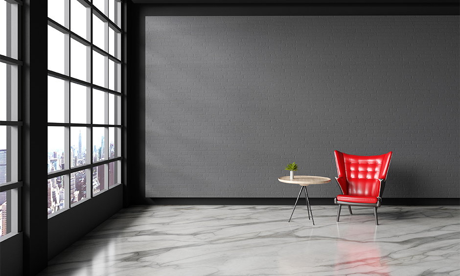 The living room with white marble flooring in an elegant pattern looks simple, and the white marble floor texture seamless.