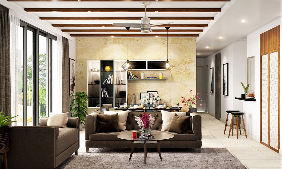 Wooden ceiling decor in the living room spaced horizontally at equal distances