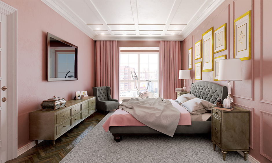 Master bedroom pink color combination for wall with white ceiling and grey furniture looks beautiful.