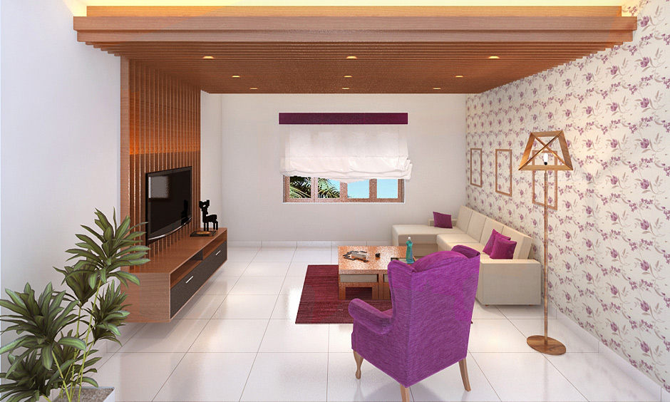 White floor tiles for living room, white ceramic flooring brings aesthetic to the area with sofa and wooden ceiling.