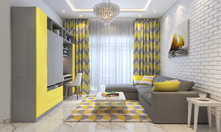 Home colour matching, white living room with yellow and grey combination curtain, tv unit and rug looks bold.