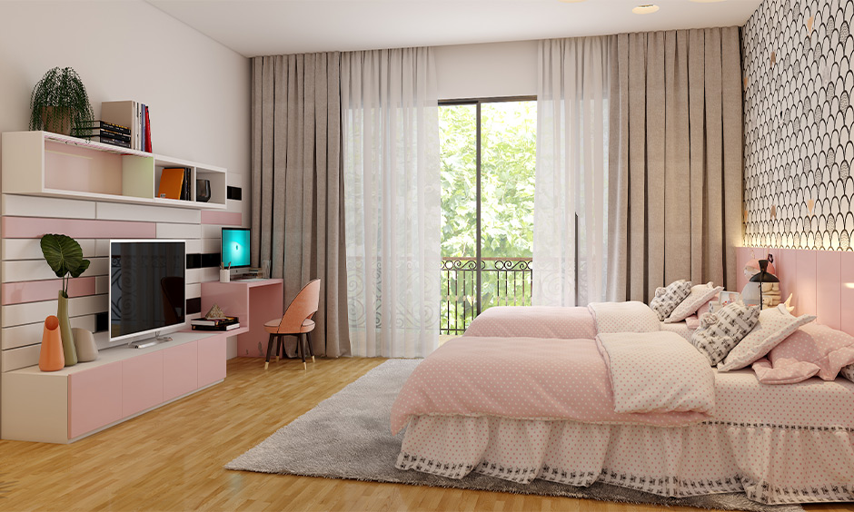 White color combination with pink for wall in kids bedroom with furniture in glossy pink laminate brings aesthetics.