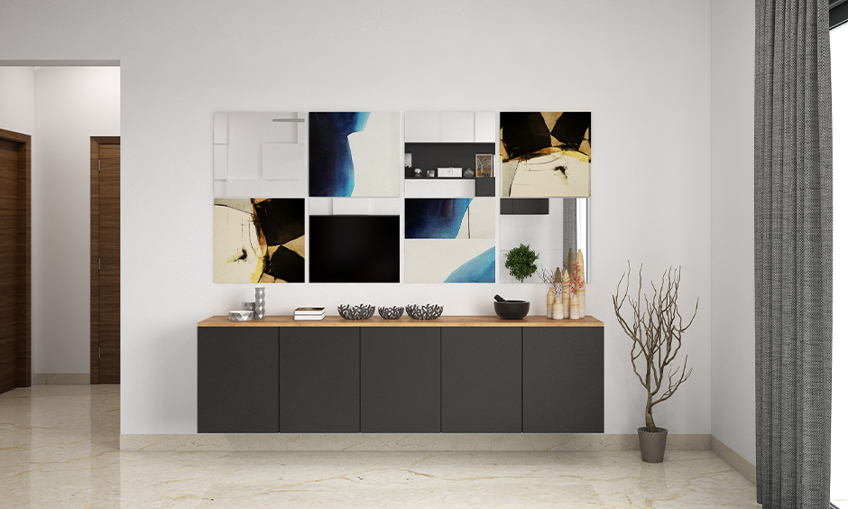 Gallery wall idea with frameless canvas prints with mirrors