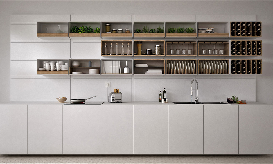 One-wall white kitchen with open crockery unit and wine rack are the minimal kitchen crockery cabinet for kitchen.