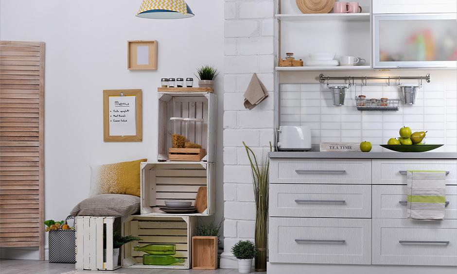 DIY kitchen cabinet storage made from unused wooden crates and stack on top of the other