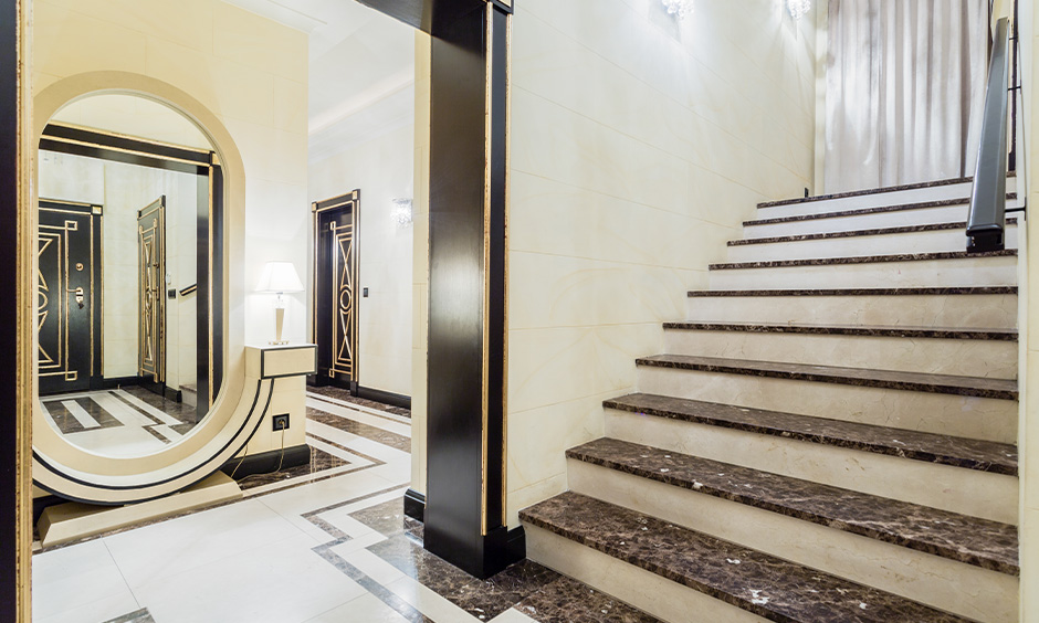 Granite and modern marble stair designed inside the home look charm and elegance.