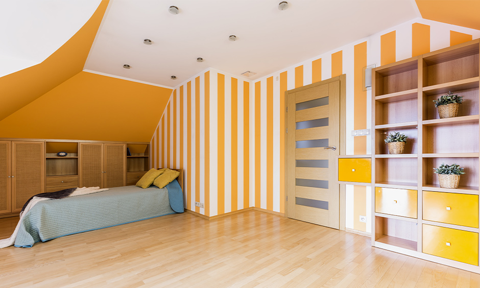 Bedroom home colour matching in yellow and white striped wall design look vivid.