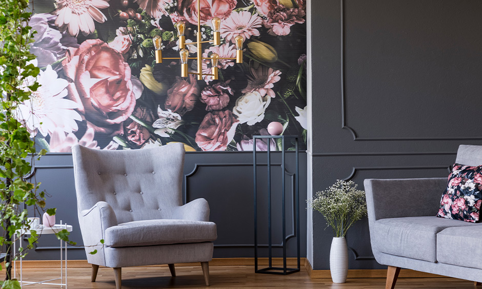 Matching colour schemes home, Dark grey seating area with a colourful floral wallpaper look classy.